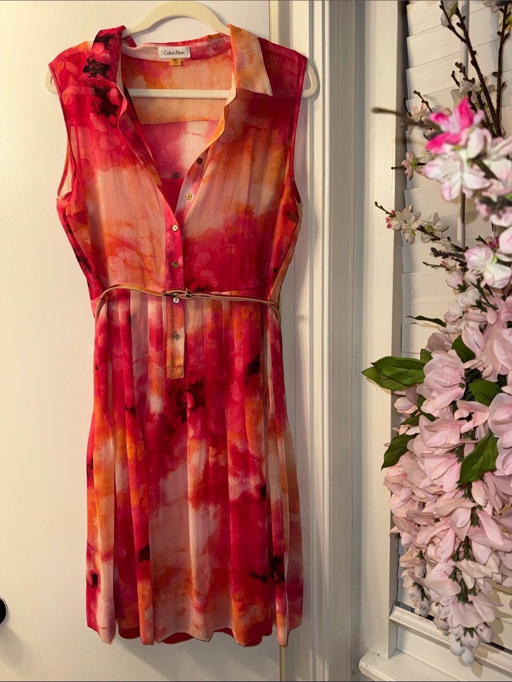 Calvin Klein Sleeveless Watercolor Shirt Dress in Pink and Orange